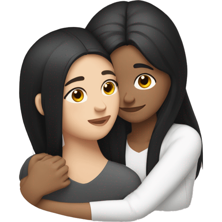 Lesbian with long black hair and white skin hugging her girlfriend from behind emoji