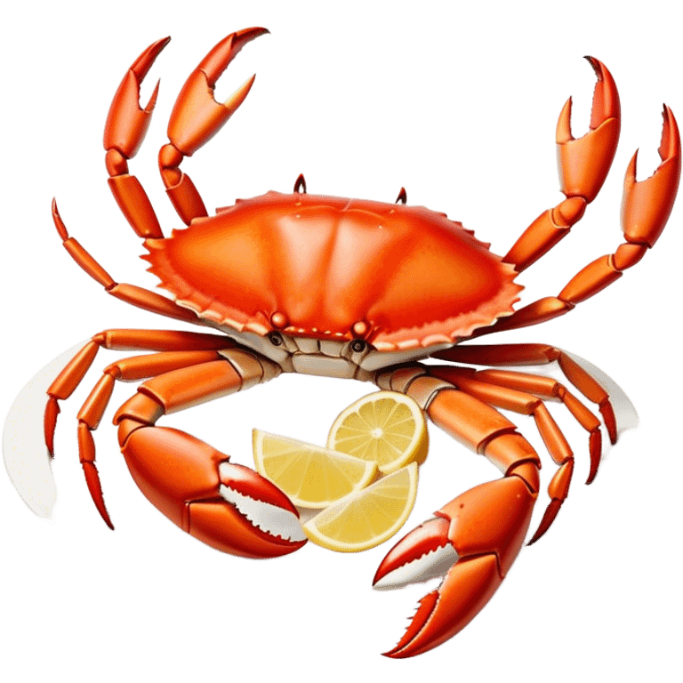 Cinematic rich crab legs, bright red shell glistening, cracked open to reveal tender white meat, warm golden highlights, detailed and delicious. emoji