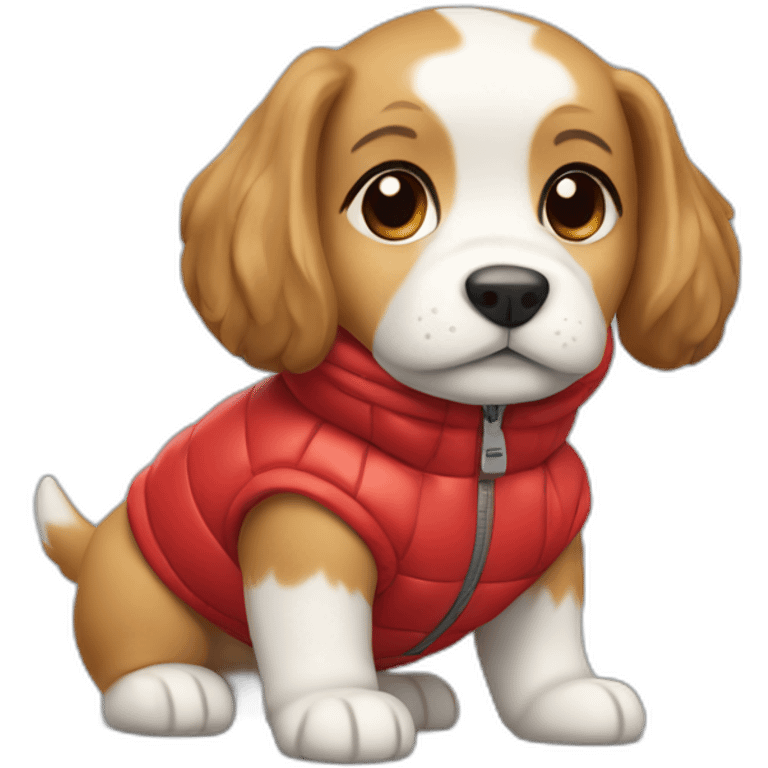 Caramel and white puppy with long hair wearing a red puffer jacket emoji