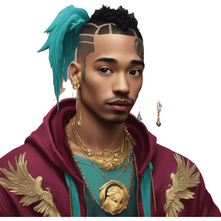 Vintage patina intricate swirls gold jewellery baroque raven wings angel tropical Deep pink maroon burgundy cyan dark hoodie man vitiligo dyed hair gold piercings nose piercing ear piercings emoji