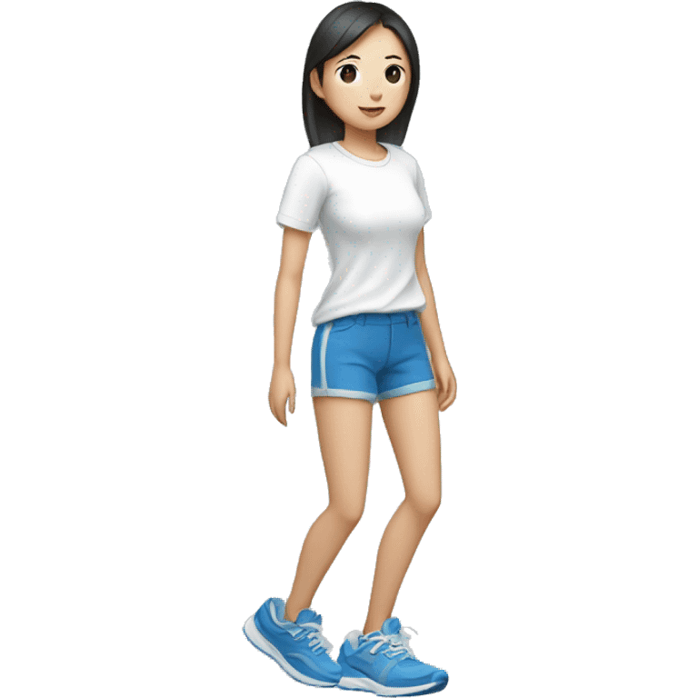 teen asian with short pants, white shirt sarcasm imprint, colorful teel blue running shoe emoji