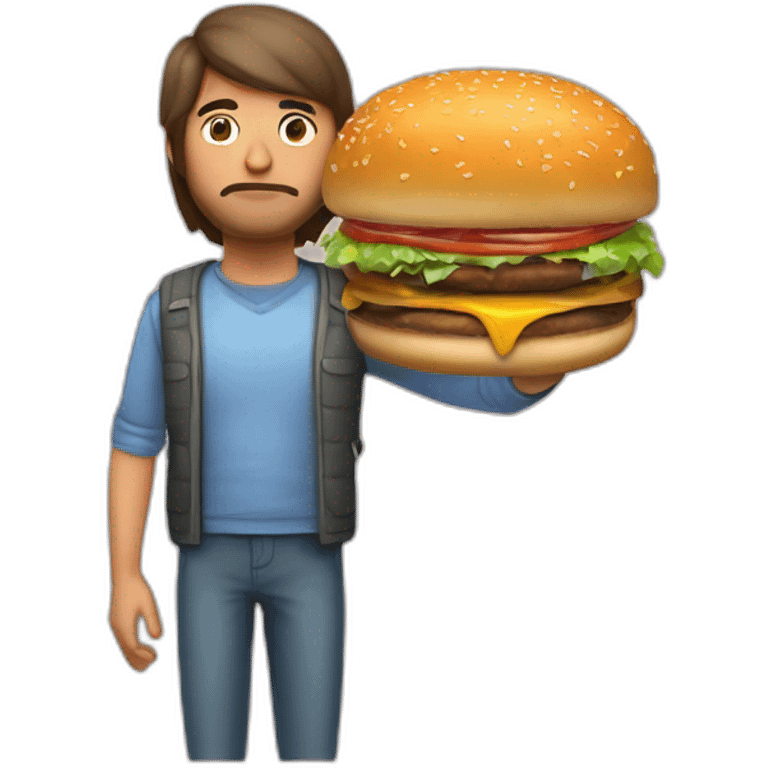 persona obesa triste con una hamburguesa en una mano y en la otra una mancuerna emoji