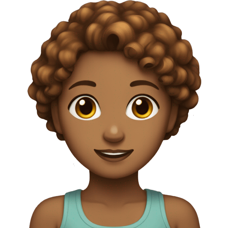 Light brown girl with short curly hair and brown eyes holding a tortoiseshell cat emoji