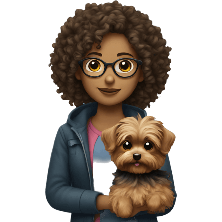 Curly haired girl with glasses holding a yorkie emoji