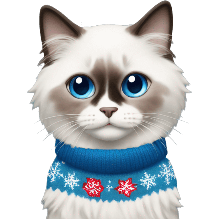 Ragdoll with blue eyes wearing a christmas sweater emoji