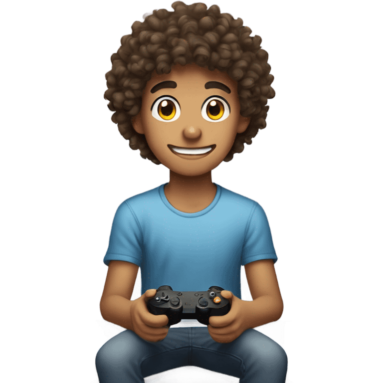 Curly haired teenage boy playing video games in his bedroom  emoji