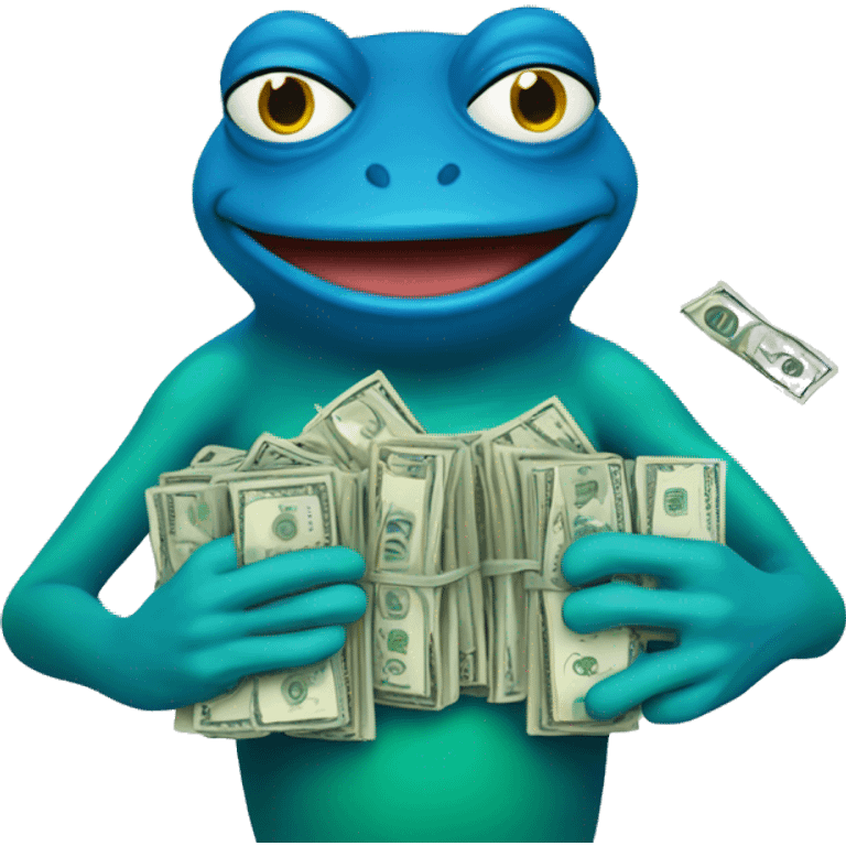 blue pepe frog holding a pile of cash emoji