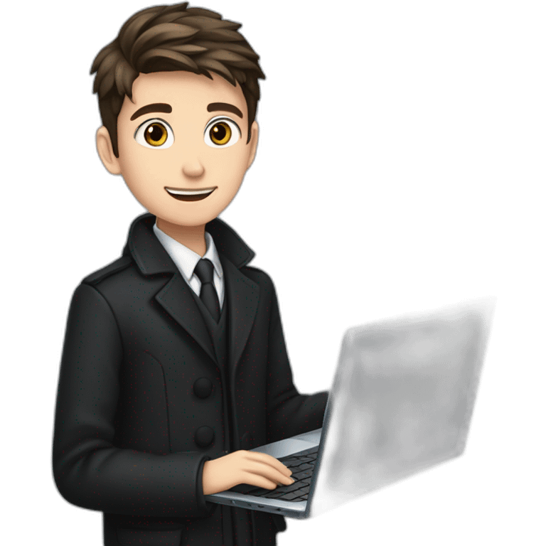 uses laptop in hands, uses laptop in hands, Blue eyes, Classy programmer, 13 years old, coat, formal outfit, pc in hands, brunette boy, black coat, all body emoji