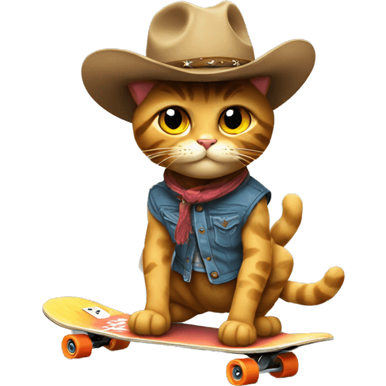 a cool cowboy cat on skateboard, lively emoji