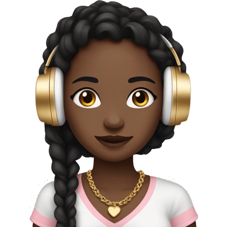 African girl. Black long twists. Wearing white headphones. Listening to music. Wearing a light pink v neck top. Gold Jewelry. Makeup. Blush. emoji