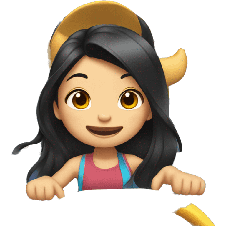 Asian girl long dark hair on a roller coaster with stitch emoji