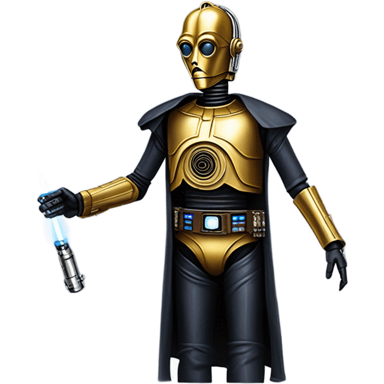 undercover tough well-equipped jedi first order life-sized darkblue-pearl C3po as a friendly bounty hunter droid wearing a leather clothing old west duster coat holding light saber emoji