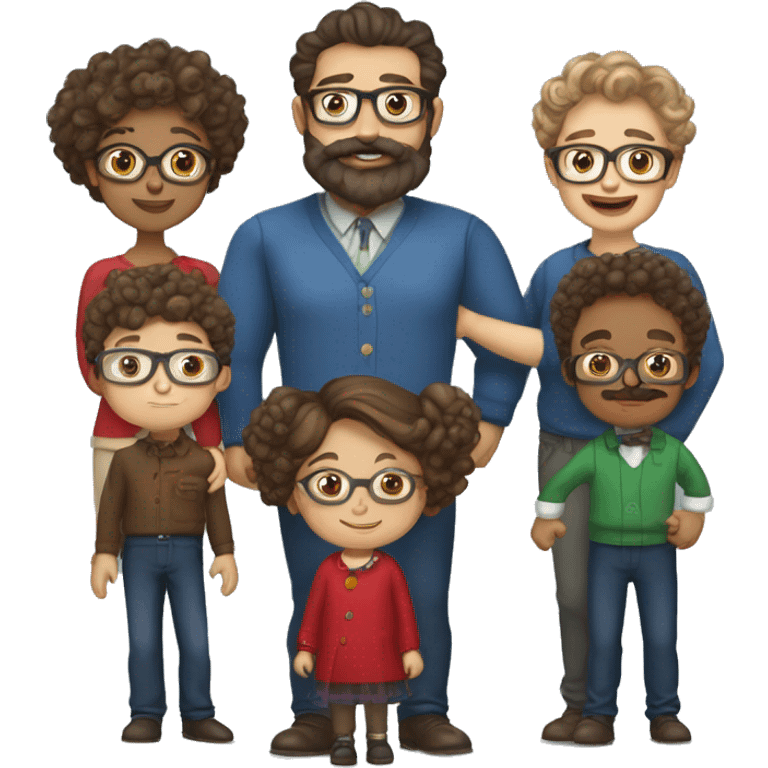 Family of 6, bold dad, curly dark haired mom,  brown mid long hair daughter, 3 curly light brown hair boys, first with glasses, moustache, 2 other with beard, well dressed for christmas party emoji