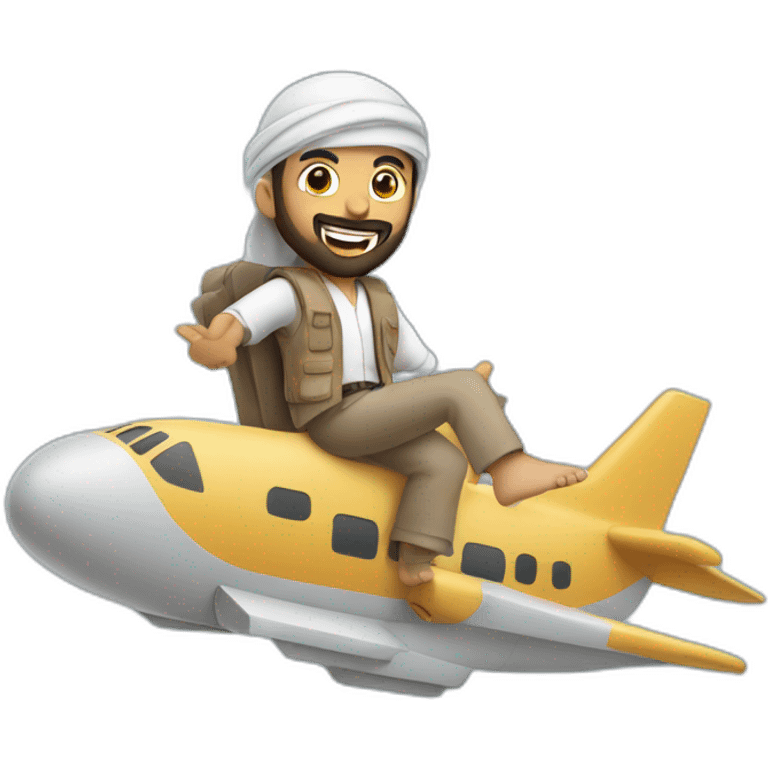 arab with a beard in a squared cardboard vest dancing on top of a plane emoji