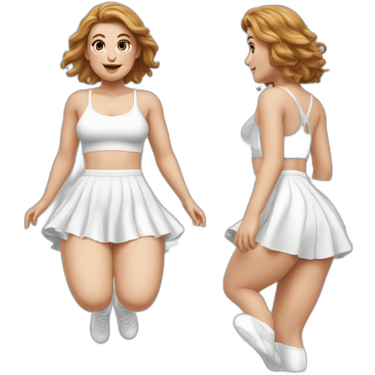 hyperrealistic-full-body-caucasian-curvy-beauty-jumping-small white-skirt-back-and-front-views-strong-wind-white knickers white socks emoji