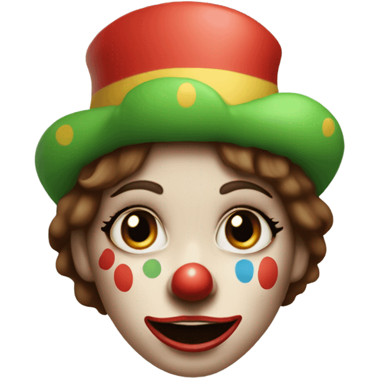 smiling clown girl with clown face paint wearing jester hat with straight brown hair exaggerated expression of sadness on her face  emoji