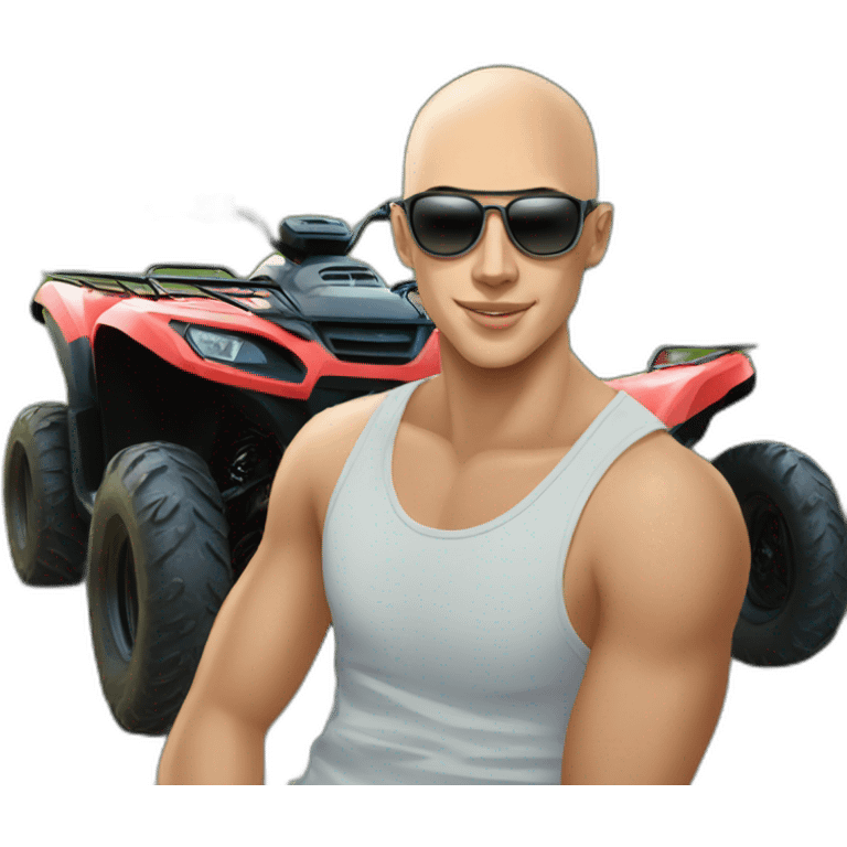 Young man with atv quad cfmoto, no hair, sunglass emoji