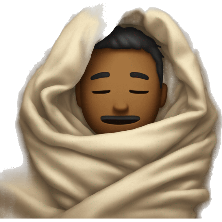 Guy inside a blanket sipping coffee eyes closed emoji