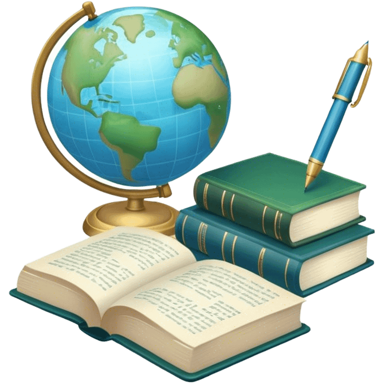 Create an emoji representing language translation. The design should feature just one globe in the background, symbolizing international communication. In front of the globe, place two books with texts on them and a pen nearby to indicate the act of writing. Use a clean and professional color palette with blues, greens, and neutral tones. Make the background transparent. emoji