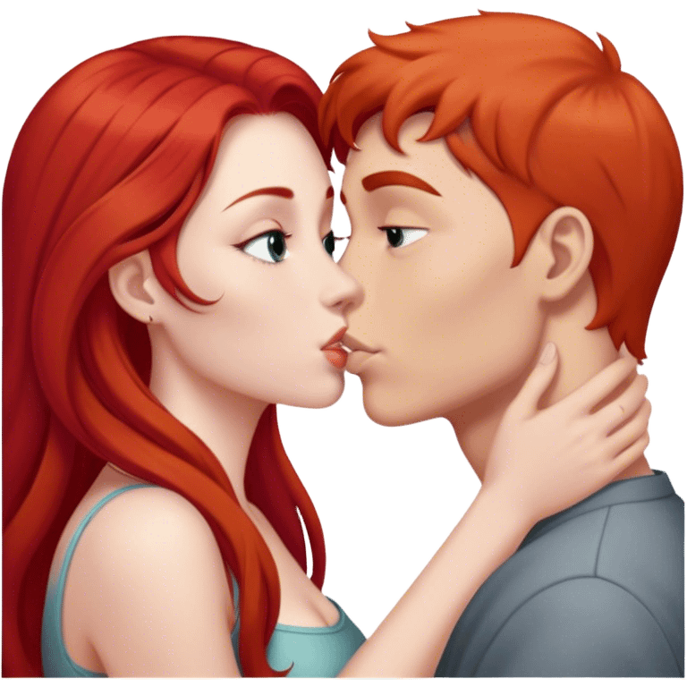 Long red hair woman and young short gray hair man kissing emoji