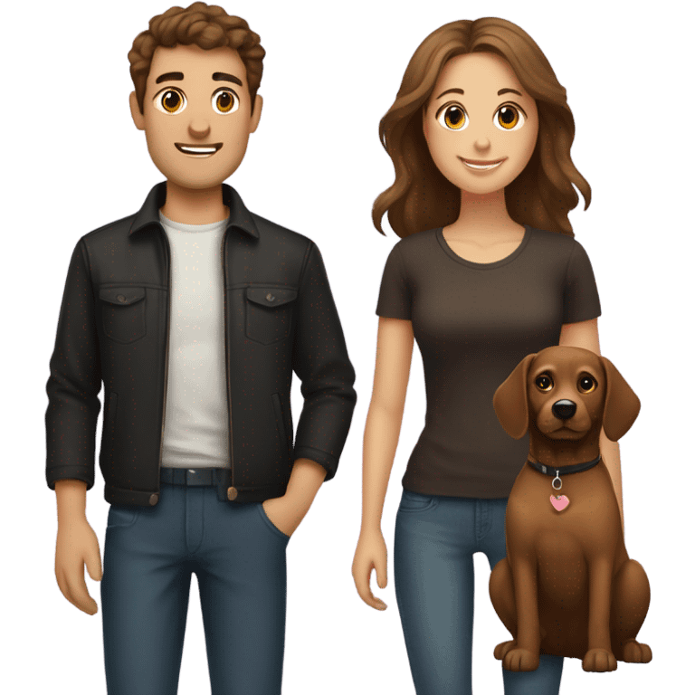 Guy with brown hair and girl with brown hair with one black dog and one tan dog emoji