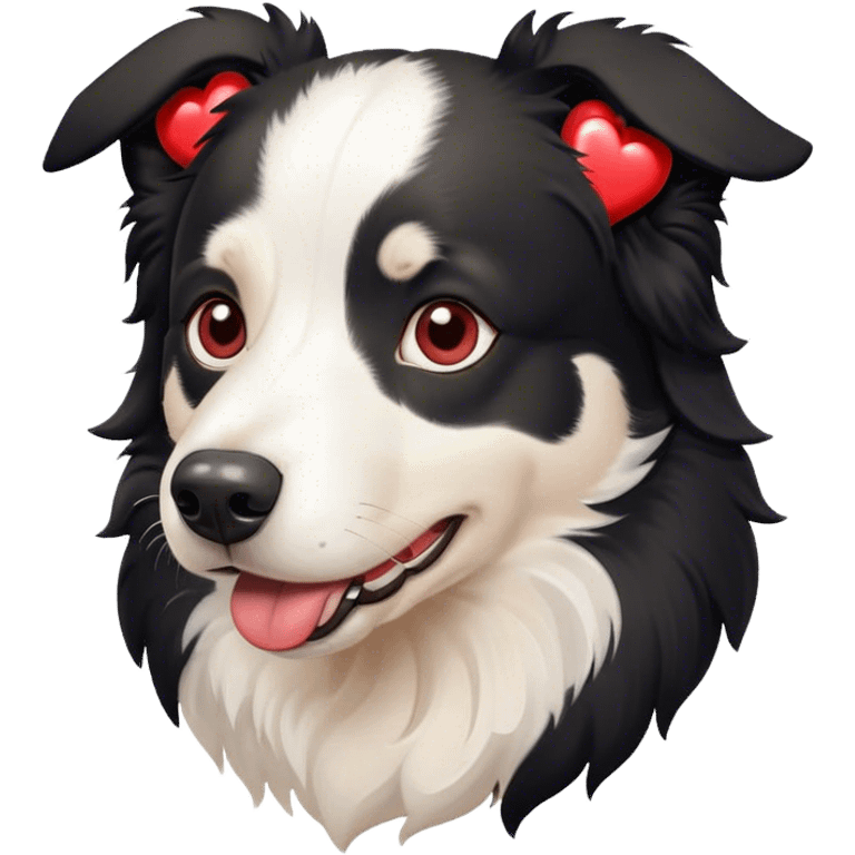 a black and white border collie with hearts in his eyes emoji