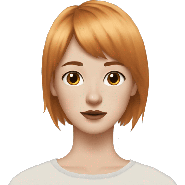 White fair skin, woman, feminine, straight hair in a wolf haircut, ginger coloured hair, grundge aesthetic, beautiful face, British, stylist, aesthetic, side bangs, front bangs emoji