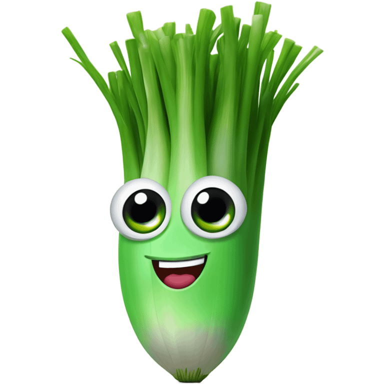 3D Cheerful green onion with big expressive eyes, a wide smile, and a few green stalks on top. Designed in a cute, cartoonish style with vibrant colors. emoji