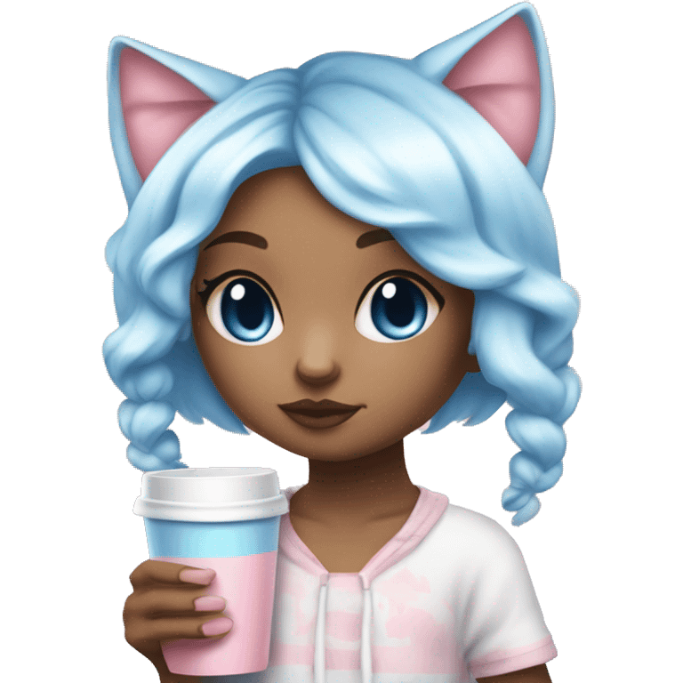 CHIBI CAT BABY BLUE AND BABY PINK SHOR HAIR GIRL WITH ONE EYE BLUE AND THE OTHER WHITE. ALSO SHE IS SIPPING A CUP emoji