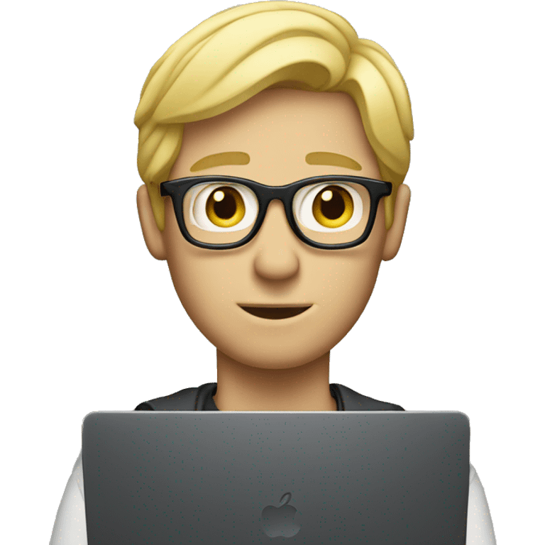 blonde male with glasses hiding behind mac laptop emoji