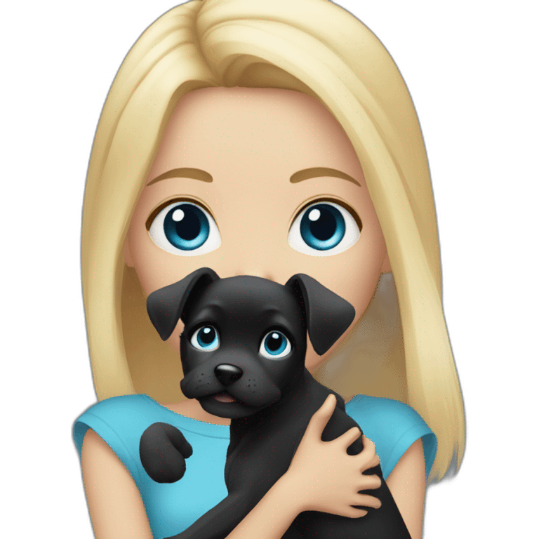 girl with straight blonde hair and blue eyes holding a fluffy black puppy emoji