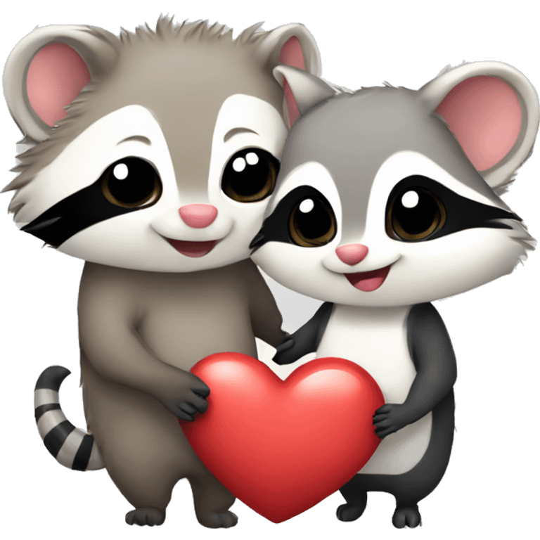 Opossum and raccoon cute couple love with heart emoji