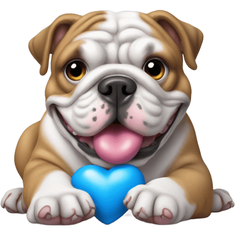 English bulldog playing with blue heart emoji