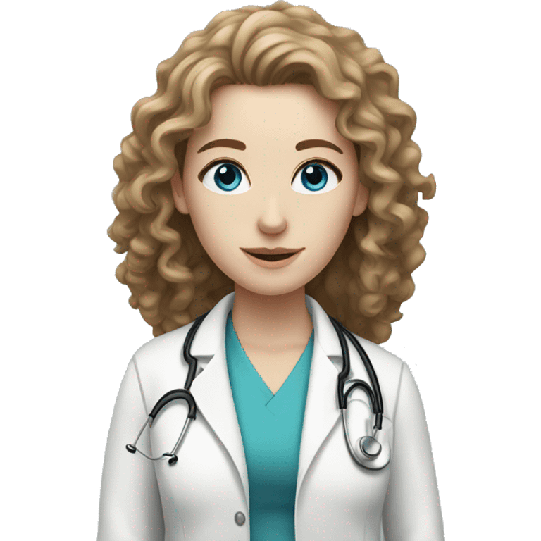 Female, blue eyes, pale skin, brown long curly hair Doctor emoji