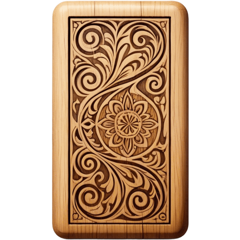 Pyrography icon, piece of wood with half-burned intricate patterns, pyrography tool in action, visible burn marks and unfinished design, wood texture, minimalistic style, clean lines, transparent background. emoji