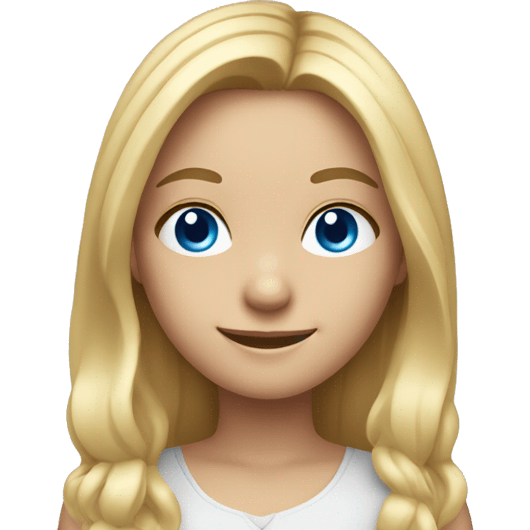 Smiling girl with long blond hair with a middle part and blue eyes emoji