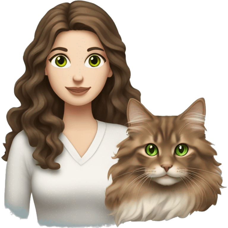 White brunette long wavy hair woman with green eyes holding a brown Maine coon cat  emoji