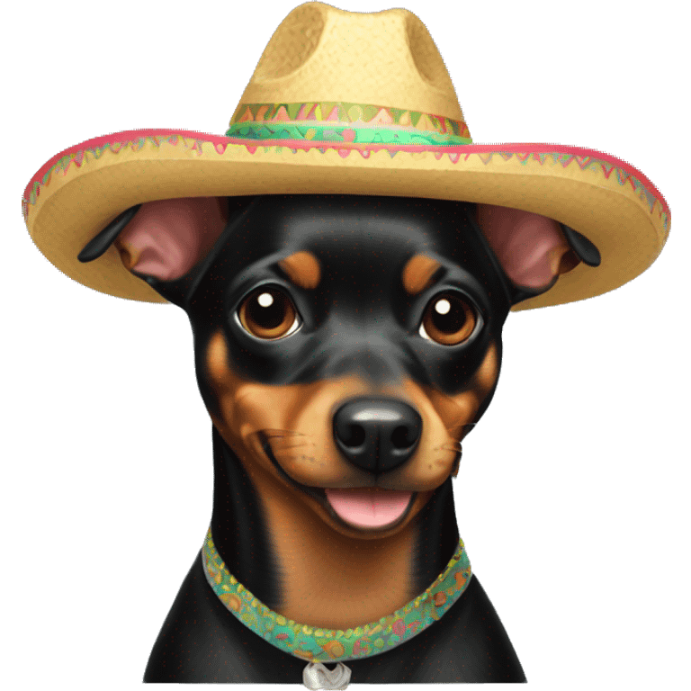 a black miniature pinscher wearing a sombrero emoji