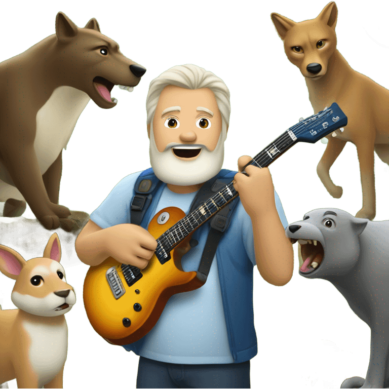 50 year old tan white man with a goatee playing electric guitar in a forest with animals watching emoji