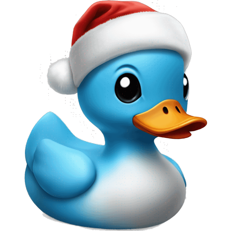 Baby blue rubber duck with black beak wearing a Santa hat emoji