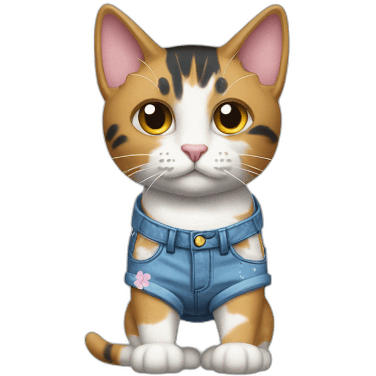 Purradise Meowscles is a buff calico cat  he has a mullet, a floral designed t shirt that is unbuttoned and blue and white stripped shorts emoji