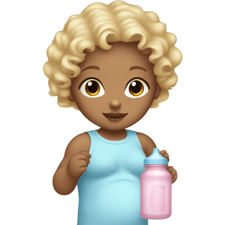 baby girl with blonde curly hair wearing a light pink onesie and holding a light blue baby bottle emoji