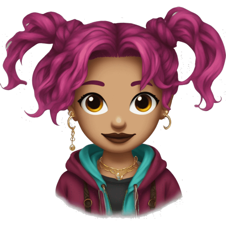 Vintage grunge patina intricate swirls Deep pink maroon burgundy cyan dark hoodie person dyed hair and gold piercings nose piercing ear piercings emoji