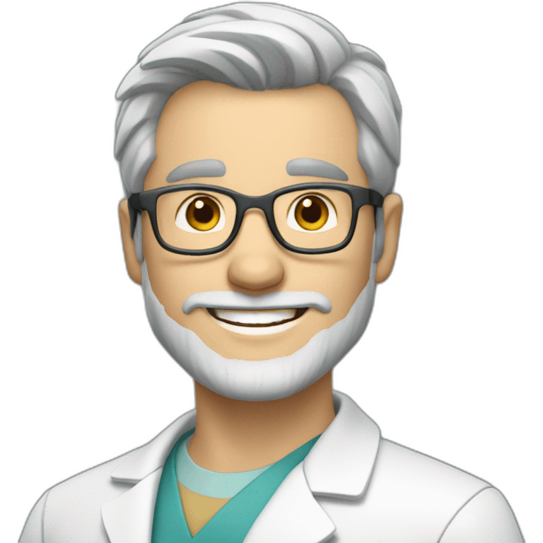 mid size man doctor, white skin, short grey beard, white and grey short hair, glasses, smiling, emoji