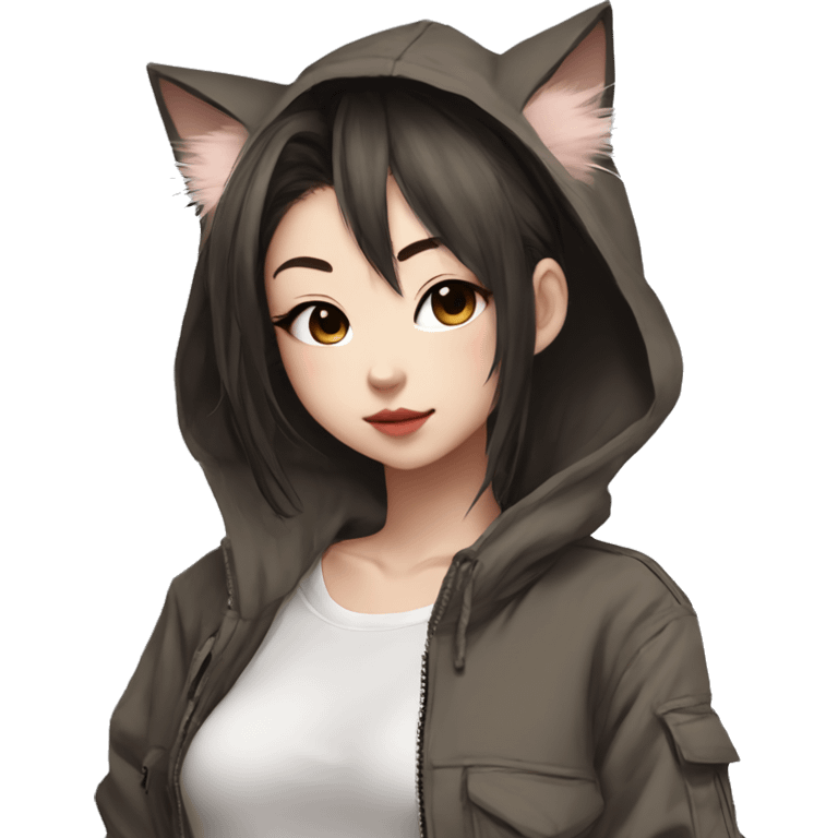 Edgy cool shy Asian urban beautiful pretty anime punk tomboy with cat ears techwear cargo pants hoodie brown hair collar  emoji