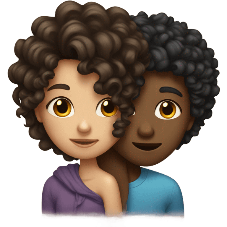 dark brown hair girl kissing curly haired boy emoji