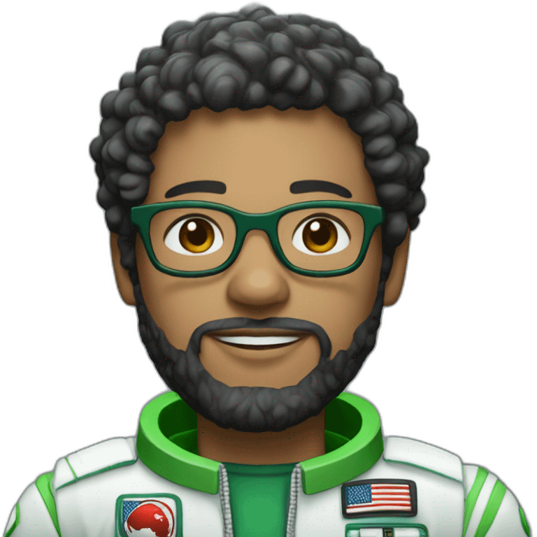 Light skin Man with black short curly hear and beard and black glasses wearing a green and white astronaut suit emoji