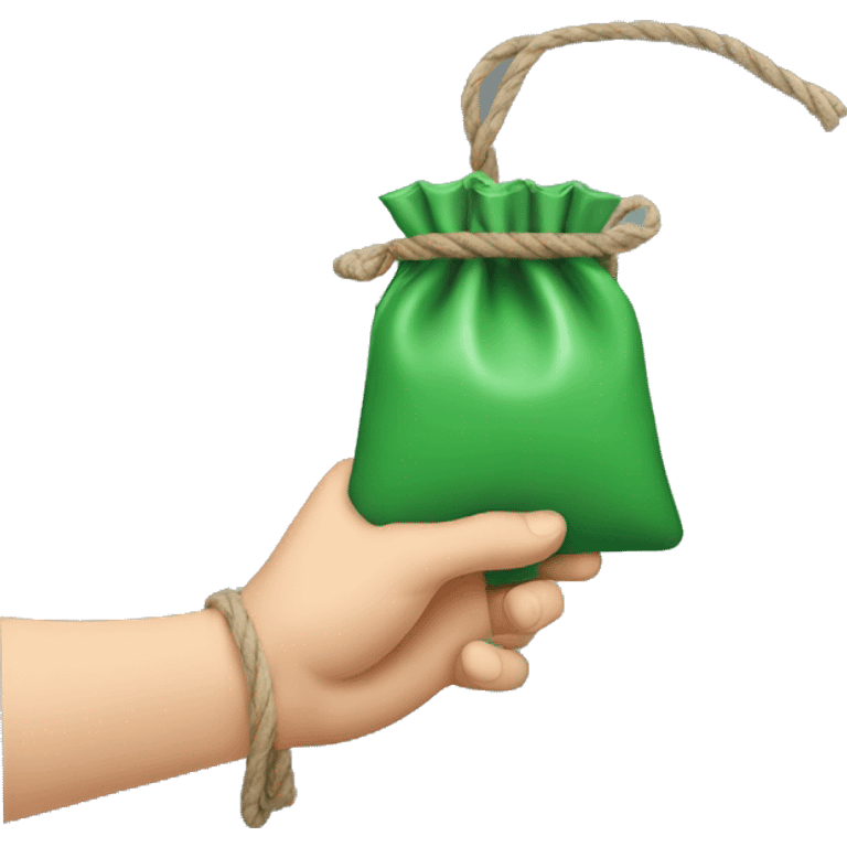 hand holding up a green pouch tied with brown string emoji