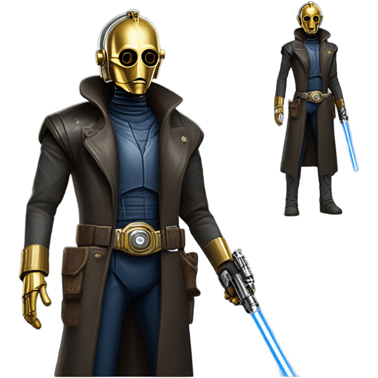 bounty hunter tarnished undercover tough well-equipped Jedi  life-sized darkblue-pearl C3po leather vest clothing pants and vest old west duster coat holding light saber sheriff emoji