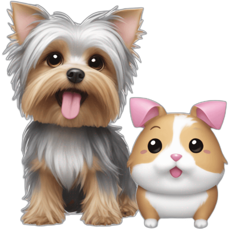 yorkshire terrier with grey hair with the tongue and two little pink hair-bow on the head and a Hamtaro beside emoji